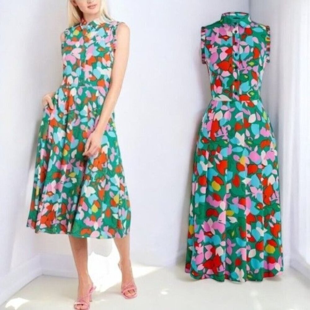 J. Crew Factory Green Floral Midi Shirt Dress